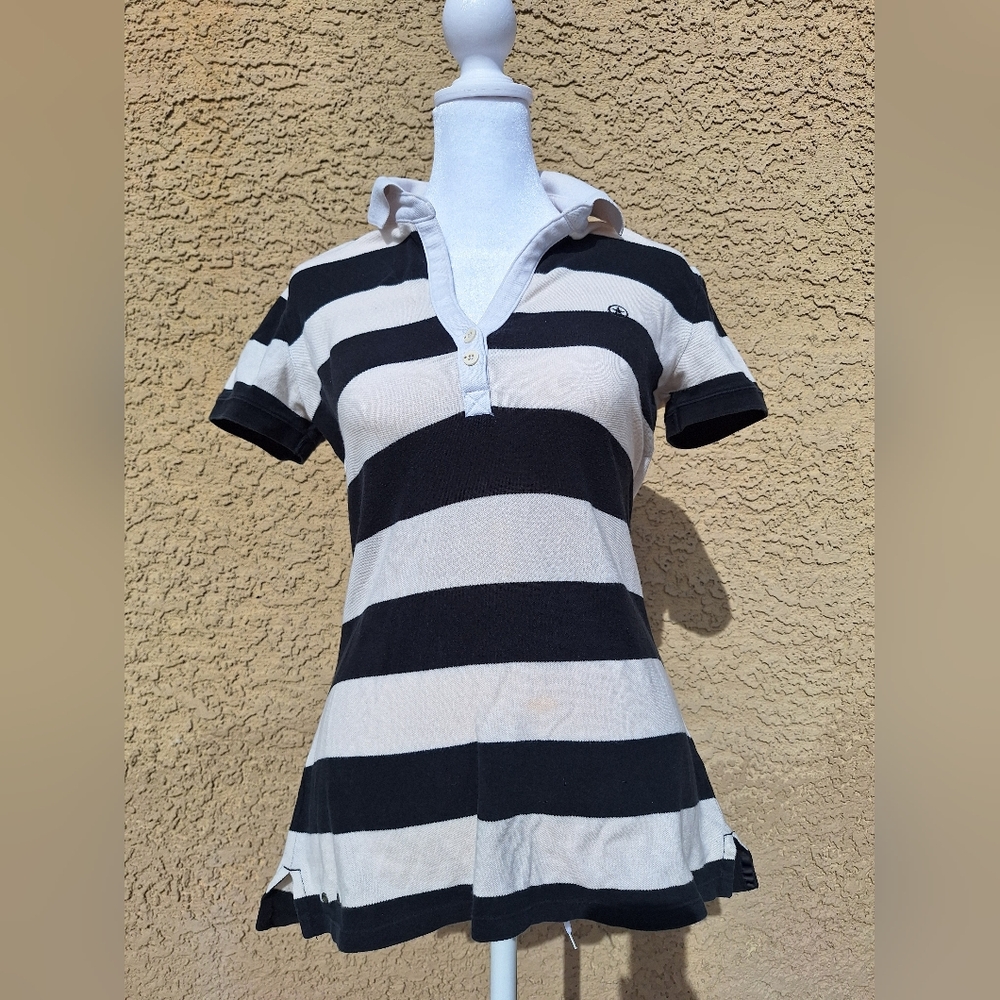Y2K Converse Black and White Striped Short Sleeve Fitted Polo